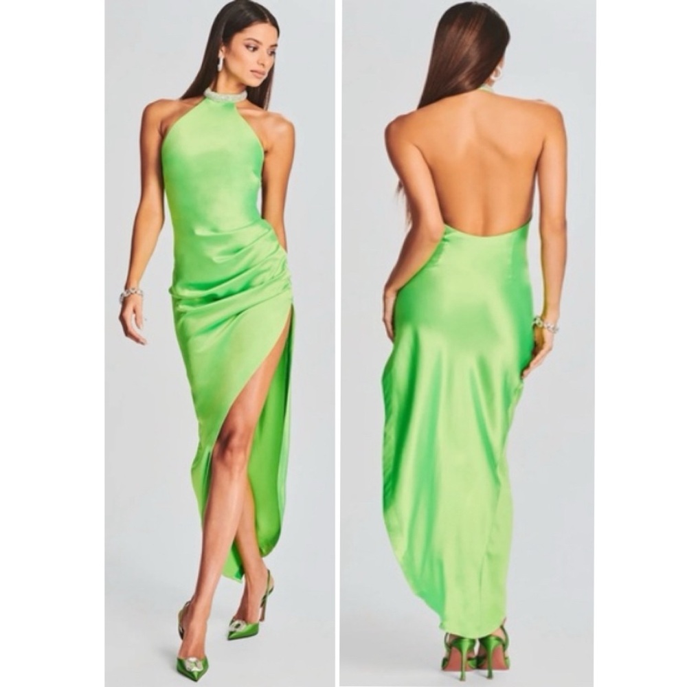 Retrofête Maria Dress in Lime Punch Green Halter Neck Embellished Slit Dress